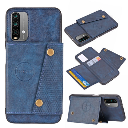 Light blue magnetic flip phone case with card slots and double buckle closure