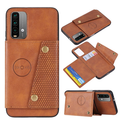 Magnetic phone wallet case with double buckle; orange-brown, card holder flap and magnetic closure.