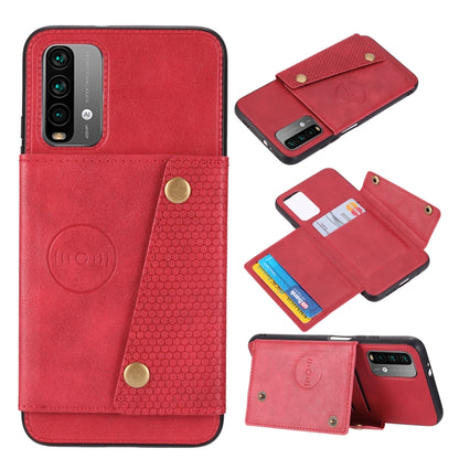 Red magnetic wallet phone case with double buckle, card slots, and stand-ready cover