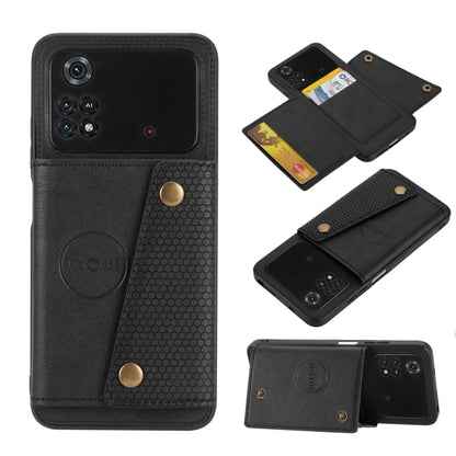 Magnetic phone case with double buckle, faux leather, card slots, and camera cutout