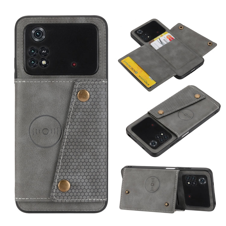Gray shockproof magnetic phone case with front cover and dual card holder sections