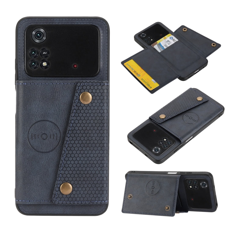 Magnetic phone wallet case with double buckle; dark blue-gray finish and foldover card holder.
