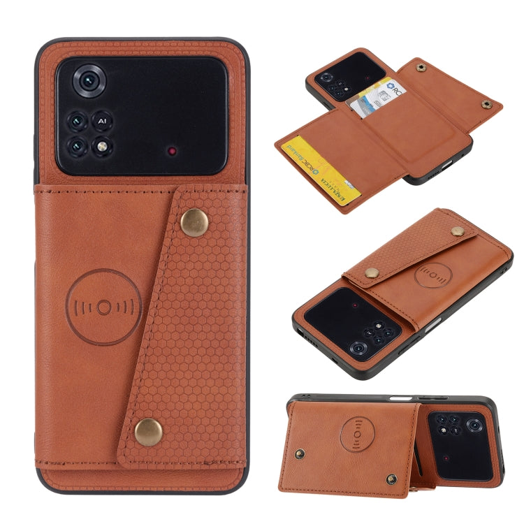 Brown magnetic wallet phone case with double buckle, card slots, and snap strap closure