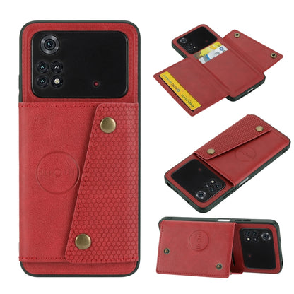 Red magnetic wallet phone case with double buckles and flip cover, showing camera cutout.
