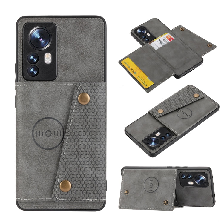 Gray PU magnetic phone case with dual card slots and reinforced double buckle