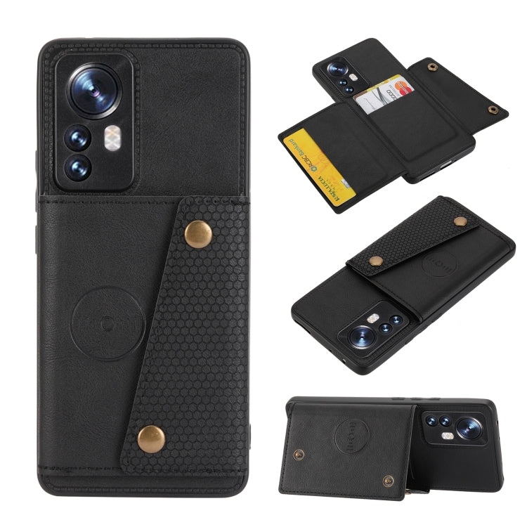 Magnetic wallet phone case with double buckle, card slots, textured grip, camera cutout