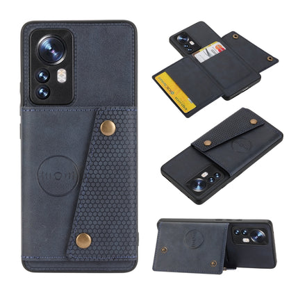 Magnetic phone wallet case with double buckle; blue-gray leather-look, front cover with camera openings.