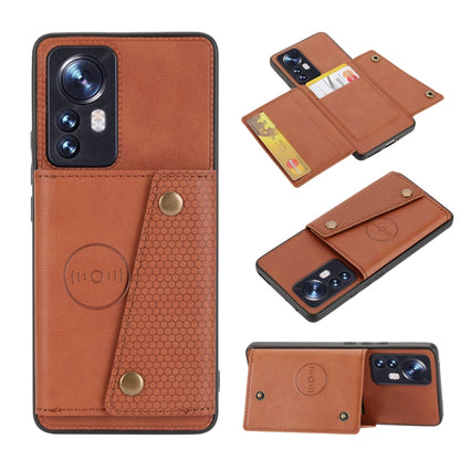 Brown magnetic wallet phone case with double buckle, textured panel, and card slots