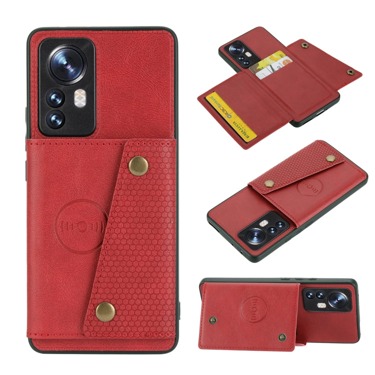 Red magnetic wallet phone case with flip cover and double buckle strap, showing side thickness.