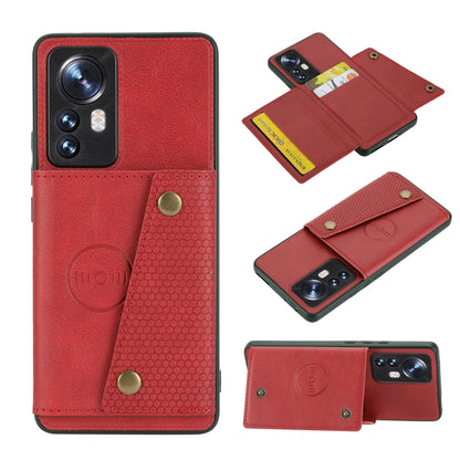 Red magnetic wallet phone case with flip cover and double buckle strap, showing side thickness.