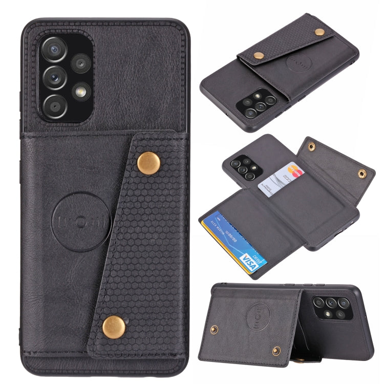 Magnetic wallet phone case with double buckle, faux leather, card slots, and camera cutout