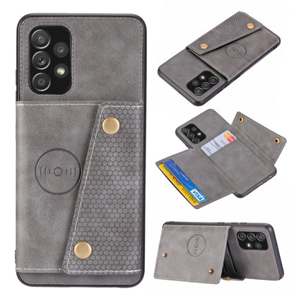 Gray magnetic phone case with card holders, flip cover, and double buckle buttons