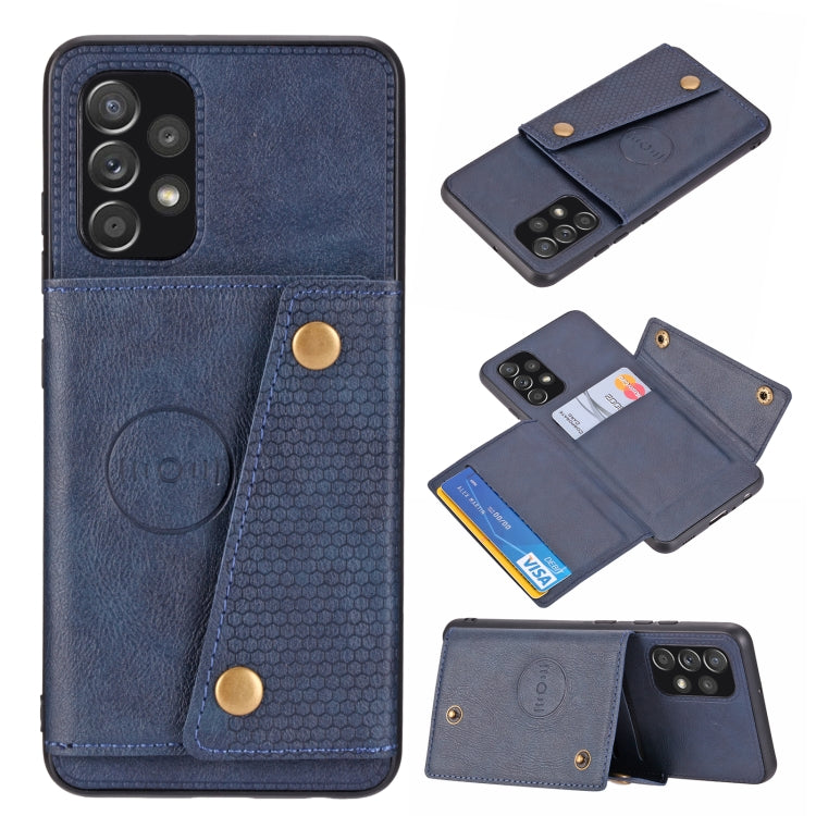Magnetic phone wallet case with double buckle; navy-blue color, textured card pocket, metal snap.