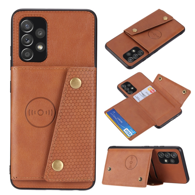 Brown magnetic wallet phone case with double buckle, card slots, and viewing cutout
