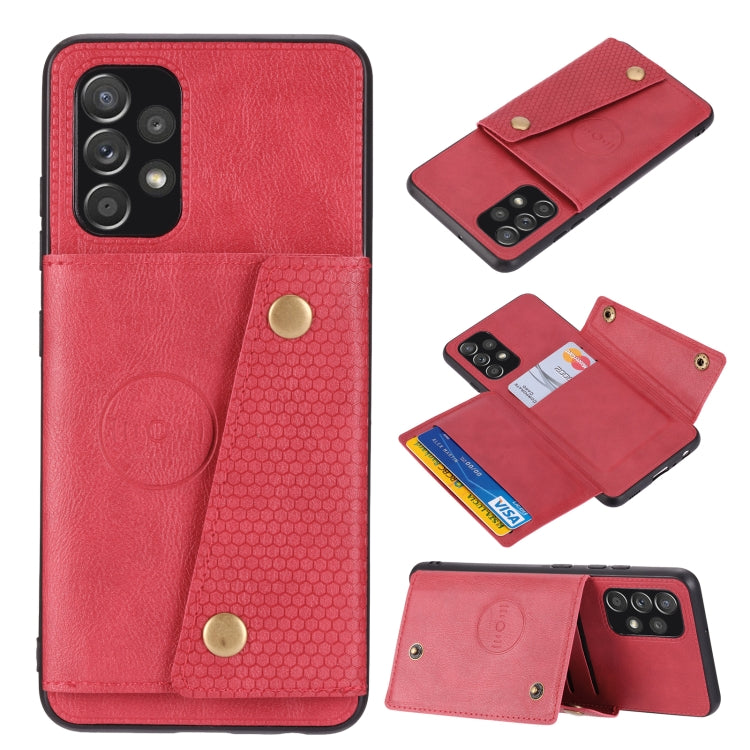 Red magnetic wallet phone case with dual buckles, card holder pocket, and camera openings.