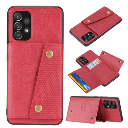 Red magnetic wallet phone case with dual buckles, card holder pocket, and camera openings.