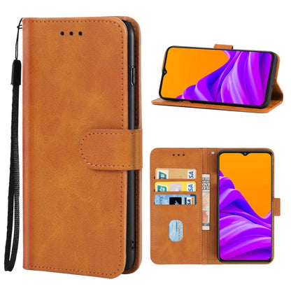 Brown leather flip phone wallet case with card holder window and wrist strap