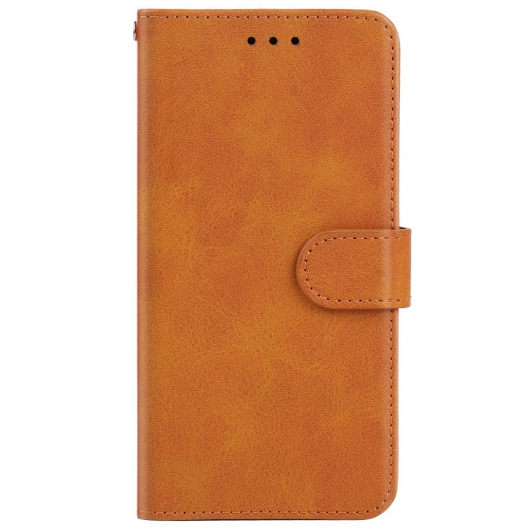 Brown leather phone wallet case with flip cover and stitched side belt