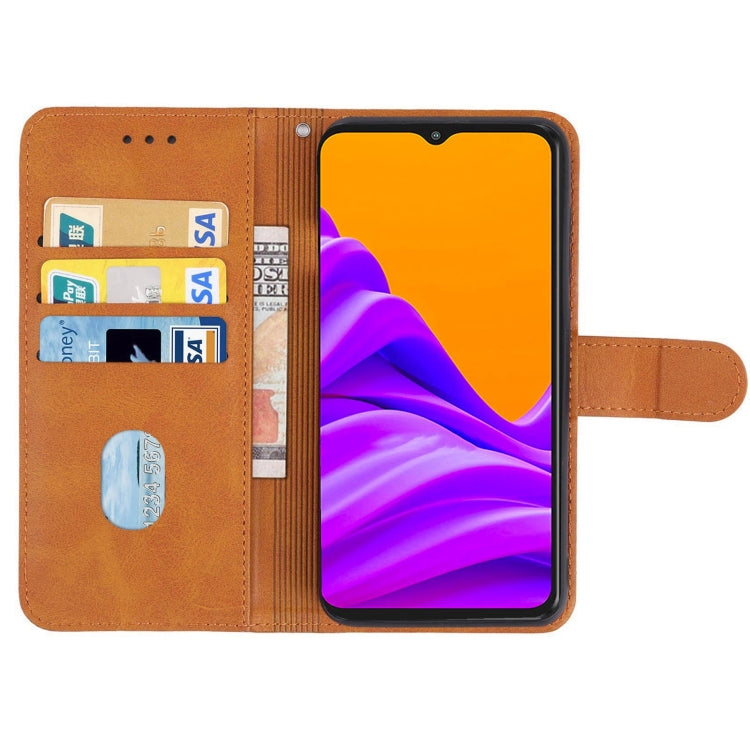 Brown leather flip phone case open view with card slots and window