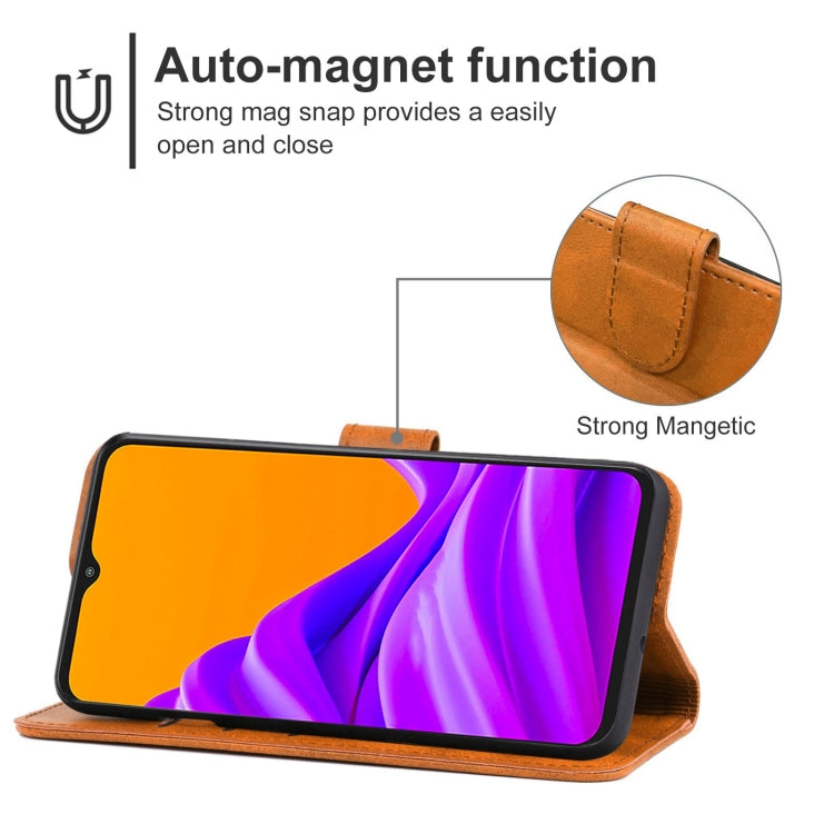 Brown leather folio phone case with kickstand-style angle and magnetic flap