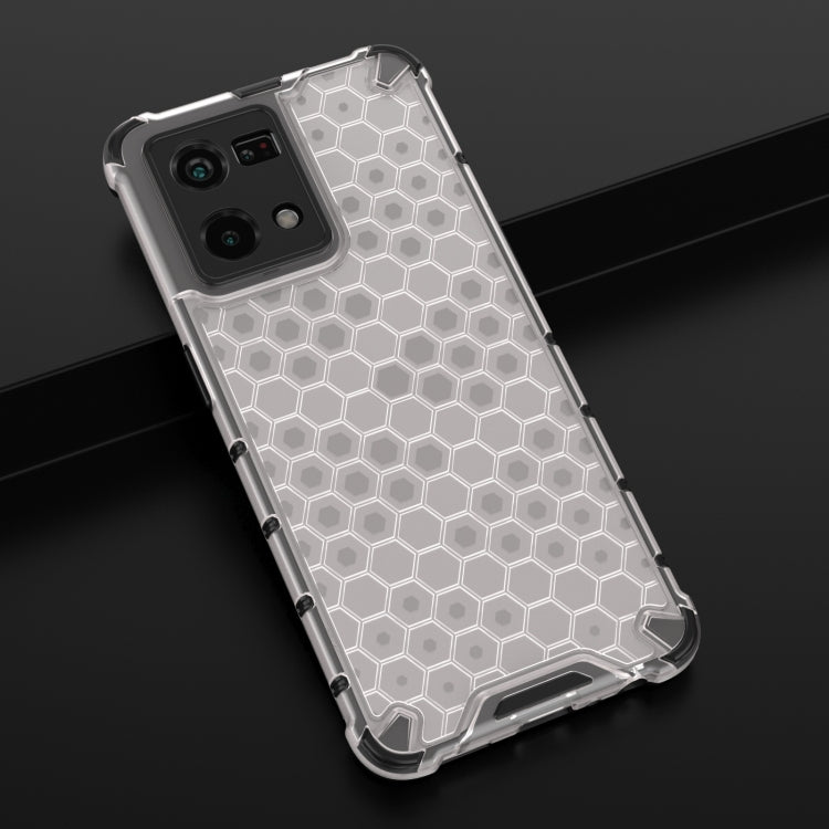 Gray honeycomb shockproof phone case with camera cutouts and side buttons