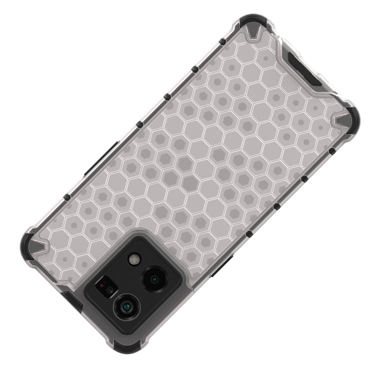 Gray honeycomb phone case with camera openings and rugged bumper edges