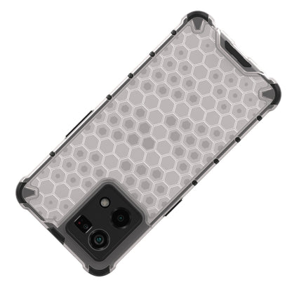 Gray honeycomb phone case with camera openings and rugged bumper edges