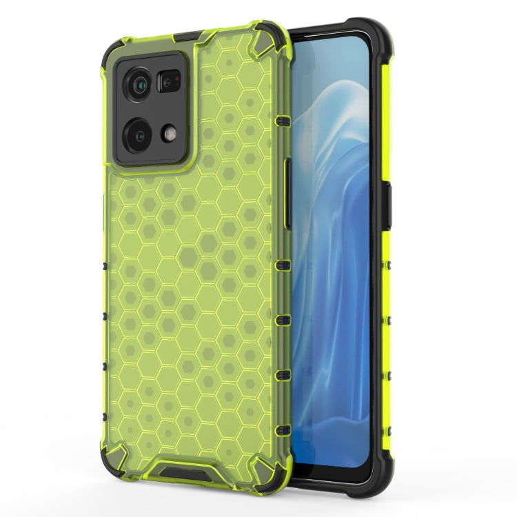 Green honeycomb shockproof phone case with rugged corners and camera cutouts