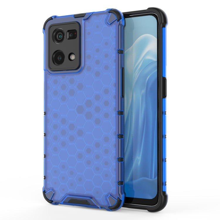 Shockproof honeycomb phone case in blue with TPU bumper, raised camera openings