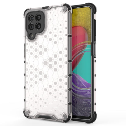 White honeycomb shockproof phone case with camera cutouts and hex pattern