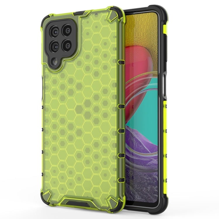 Green honeycomb shockproof phone case with camera cutouts and raised bumper
