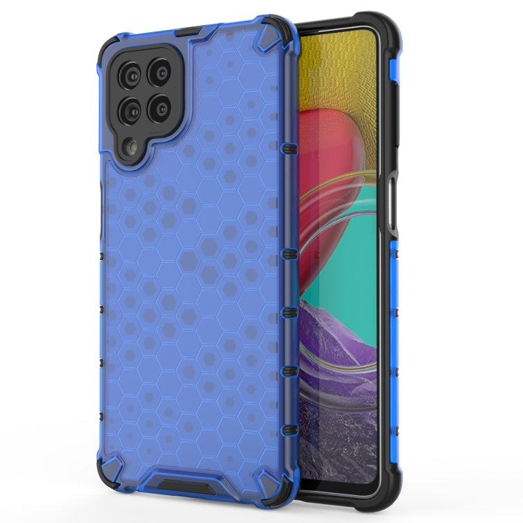 Shockproof honeycomb phone case in blue with TPU bumper and protected side buttons