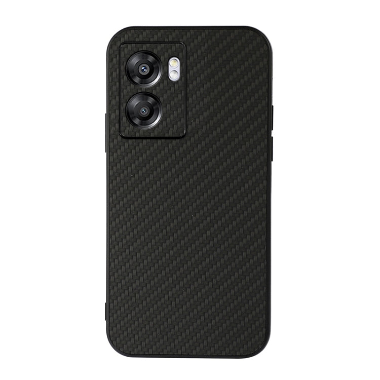 Black carbon fiber-style PU phone case with raised dual-camera cutouts