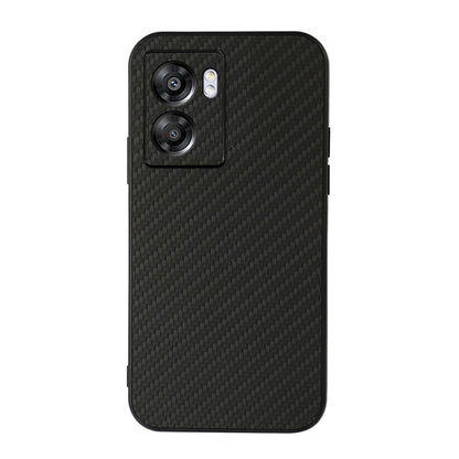 Black carbon fiber-style PU phone case with raised dual-camera cutouts