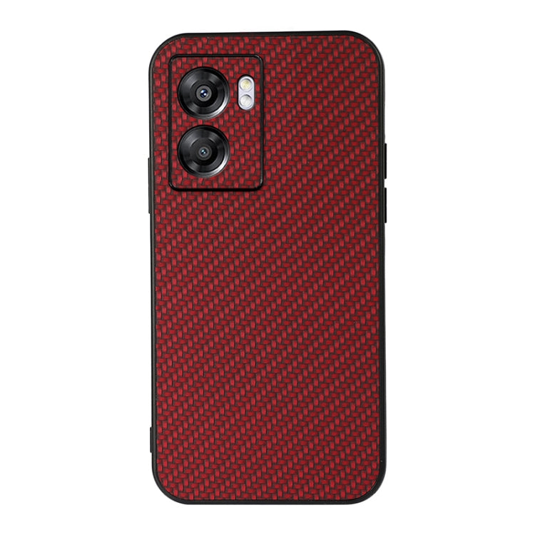 Red carbon fiber texture PU phone case with dual camera cutouts and raised rim