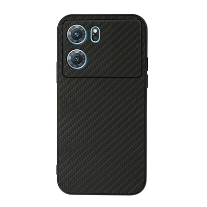 Black carbon fiber-style PU phone case with dual lens and side camera opening cutouts