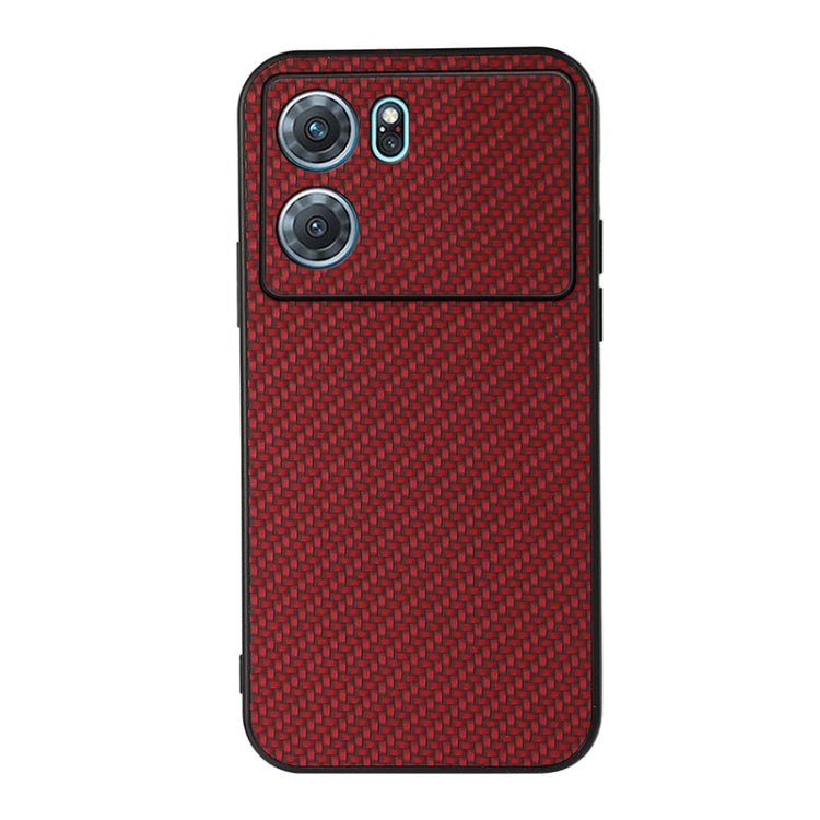 Red carbon fiber-style PU phone case with raised camera cutouts and textured grip