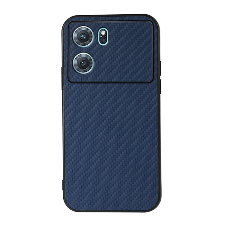 Blue carbon fiber texture PU phone case with dual camera openings and flash slot