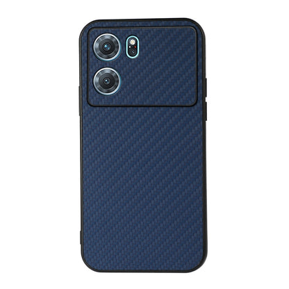 Blue carbon fiber texture PU phone case with dual camera openings and flash slot