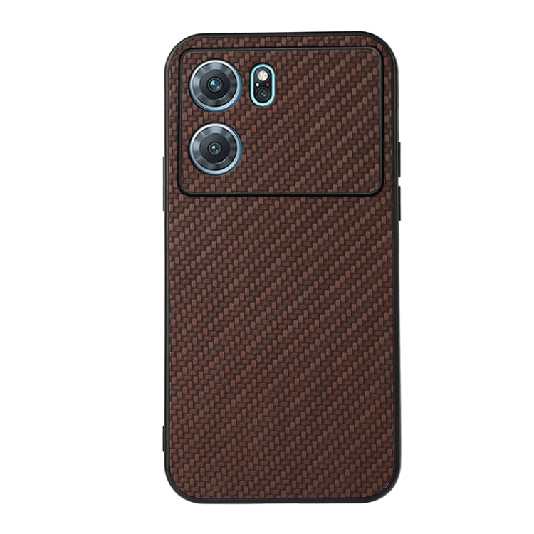 Brown carbon fiber texture PU phone case with dual camera openings and flash cutout