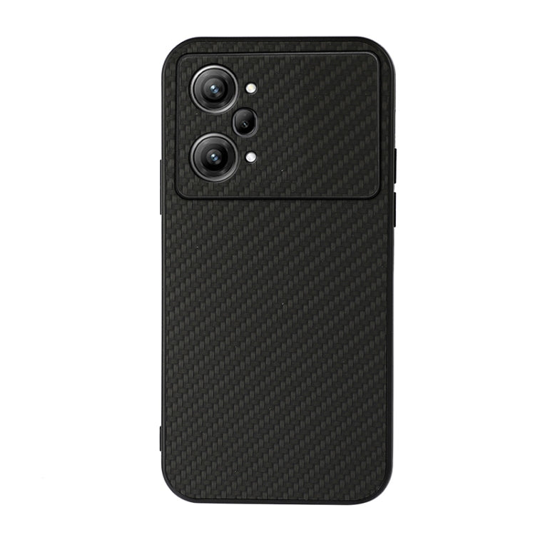 Black carbon fiber-style PU phone case with triple-lens cutout and textured back