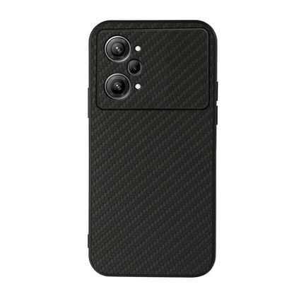 Black carbon fiber-style PU phone case with triple-lens cutout and textured back