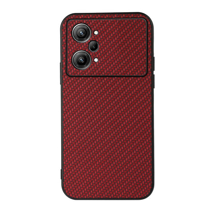 Red carbon fiber-style PU phone case with three lens cutouts and textured finish