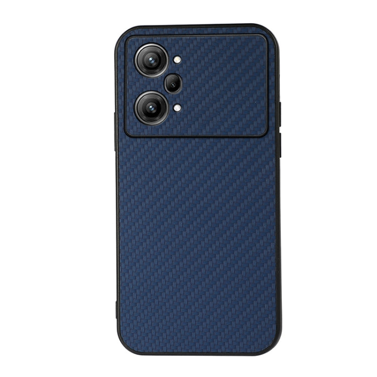 Blue carbon fiber texture PU phone case with triple camera cutouts and flash