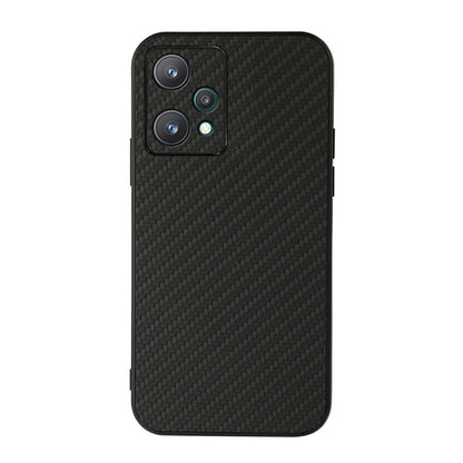 Black carbon fiber-style PU phone case with quad-camera cutout and carbon fiber texture