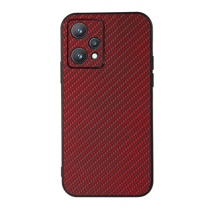 Red carbon fiber-style PU phone case with multi-camera cutout panel and textured back