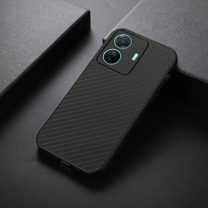 Black carbon-fiber texture phone case with camera and flash cutouts, slim fit