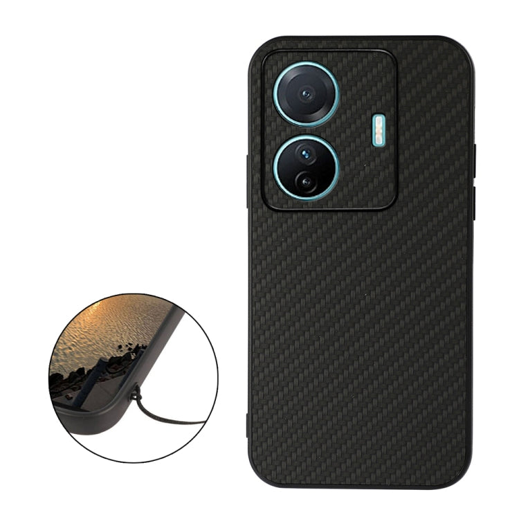 Black carbon-fiber texture phone case with dual camera cutouts and raised edges