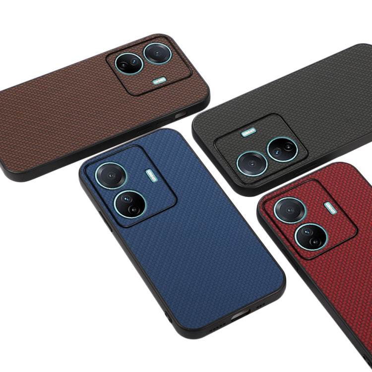 Carbon-fiber texture phone case colors shown: brown, blue, black, and red