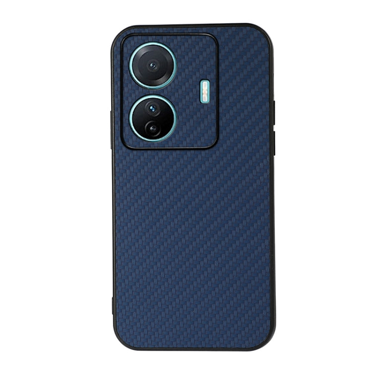 Blue carbon-fiber texture phone case with dual camera cutouts and flash opening